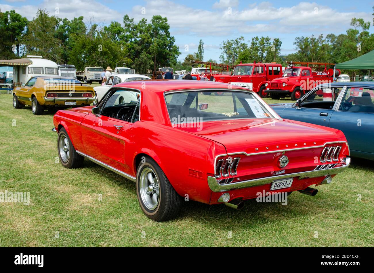 Bright Red 1968 Ford Mustang V8 First Generation Hardtop Coupe. Stock Photo