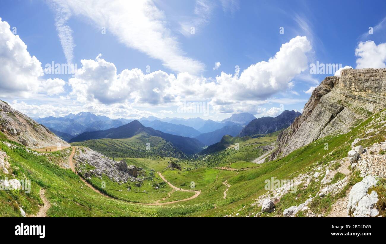 Traveling to beautiful Alps in summer. Cinque Torri Stock Photo