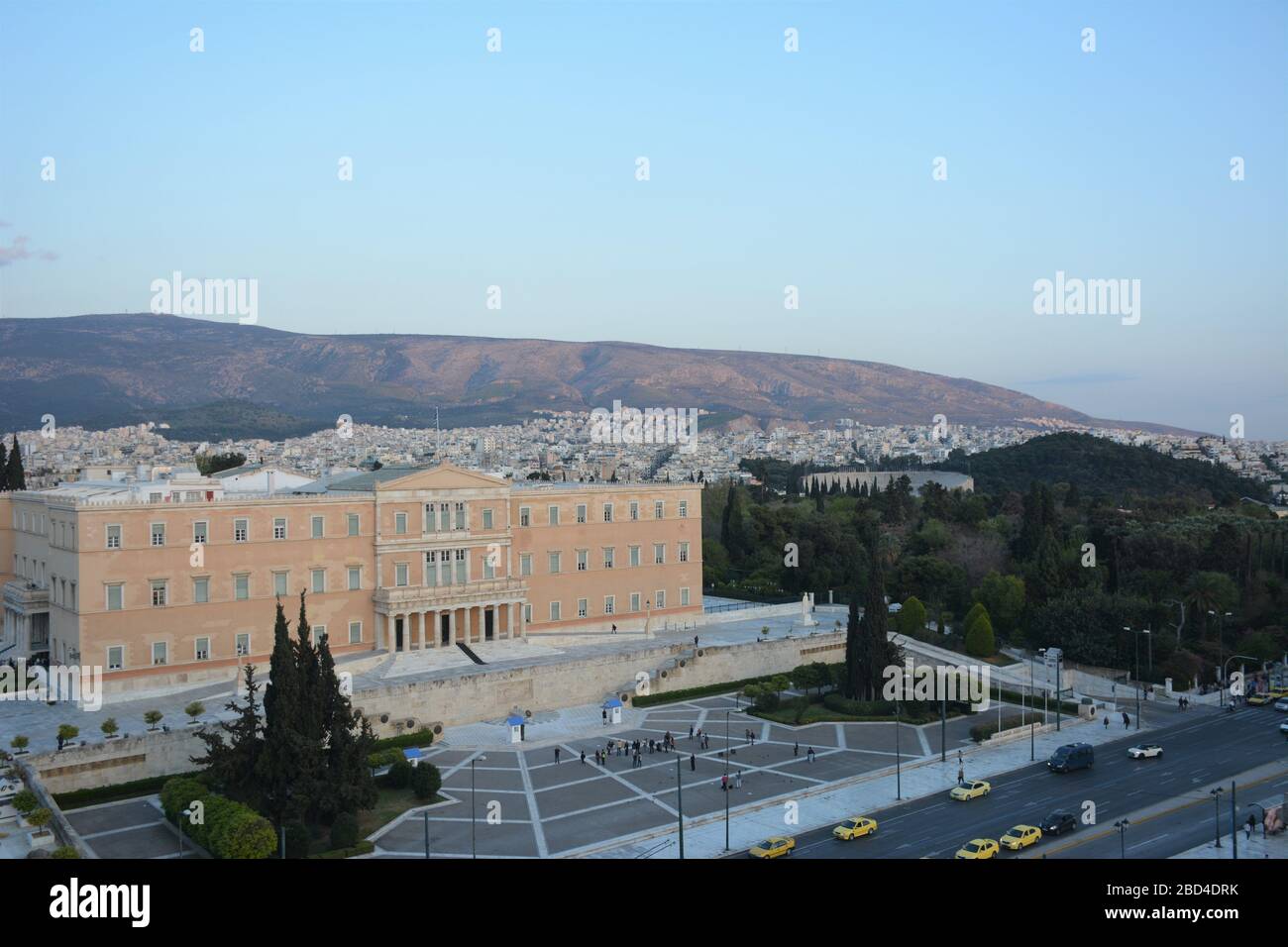 View onto the Greek Parliament building (old Royal Palace) in Syntagma Square from the rooftop of the Hotel Grande Bretagne, Athens, Greece. Stock Photo