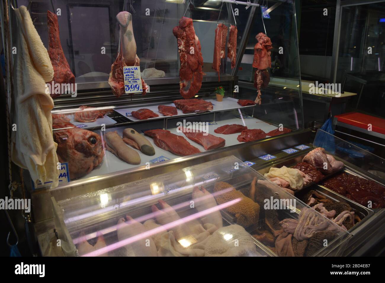 Offal in the fresh meat section at Athens Central Market, Greece Stock