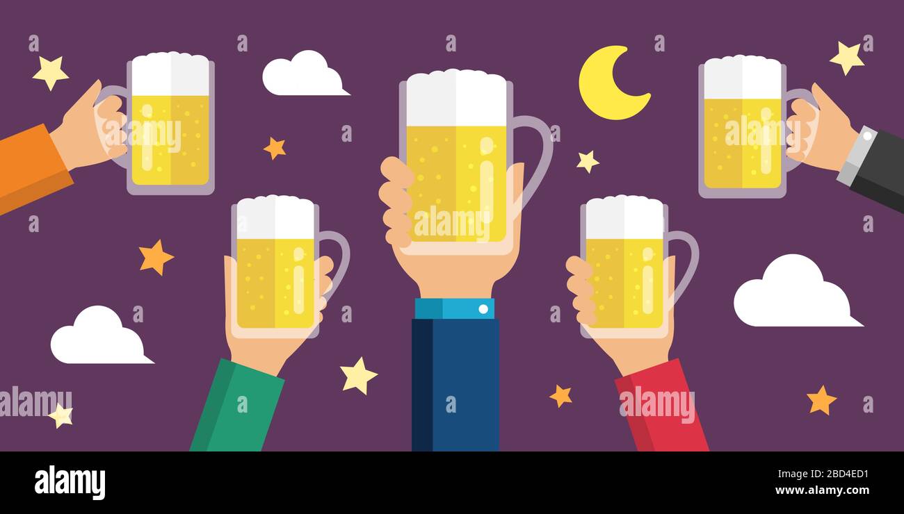 Making a toast with beer/ beer garden flat banner illustration Stock Vector