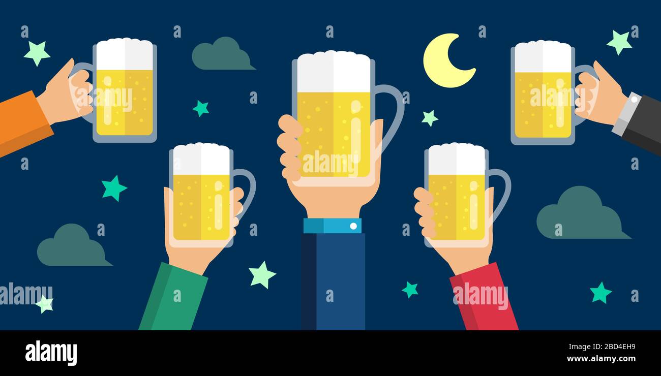 Making a toast with beer/ beer garden flat banner illustration Stock Vector