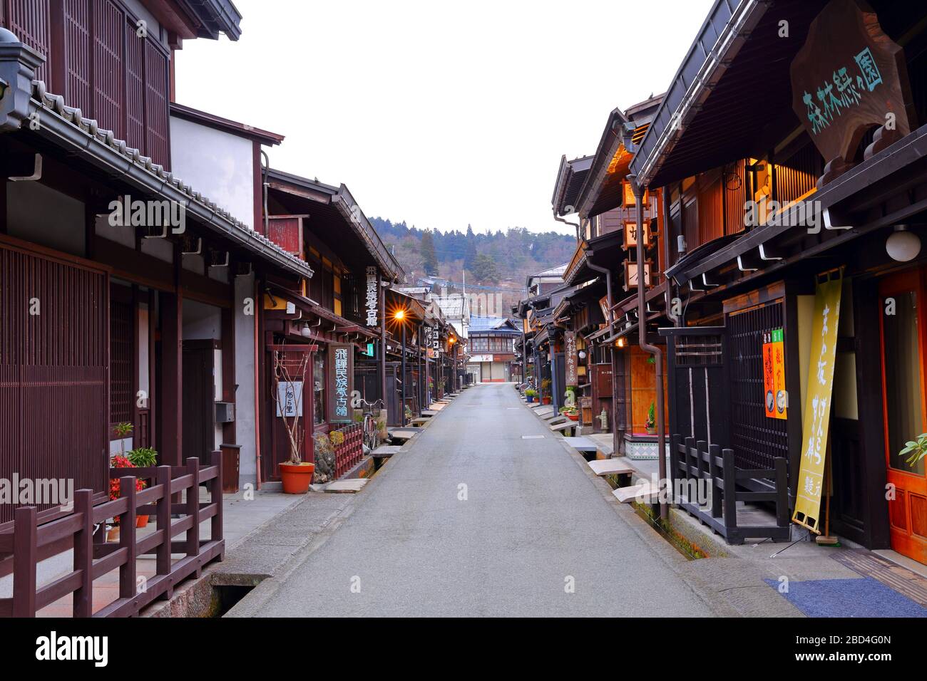 well preserved traditional wooden houses in old town area of Hida