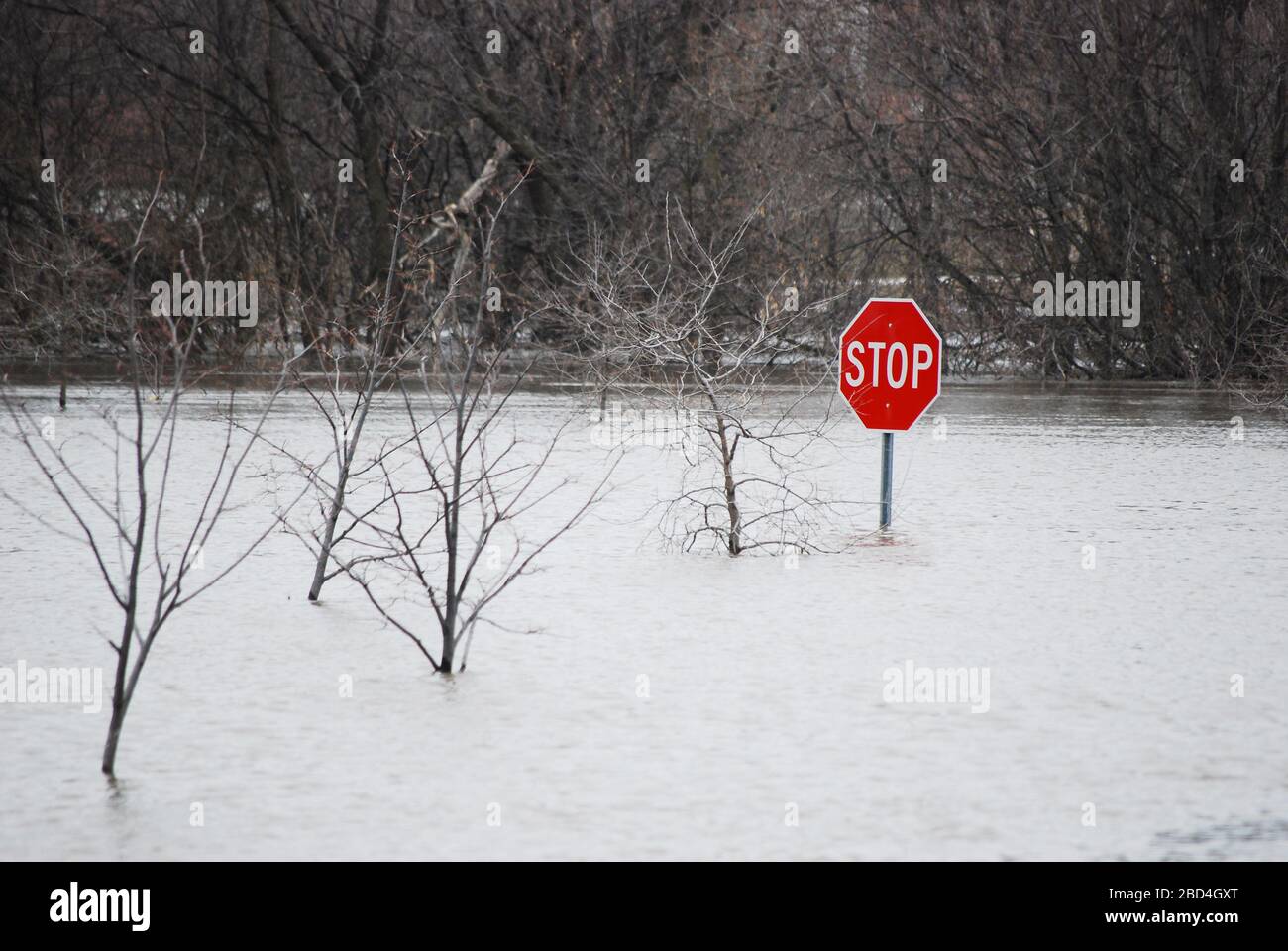 March 18, 2010 - Traffic sign surrounded by floodwater from Red River of the North at Moorhead, MN. Photo taken at 2nd Ave and 3rd St, Moorhead, MN. Stock Photo