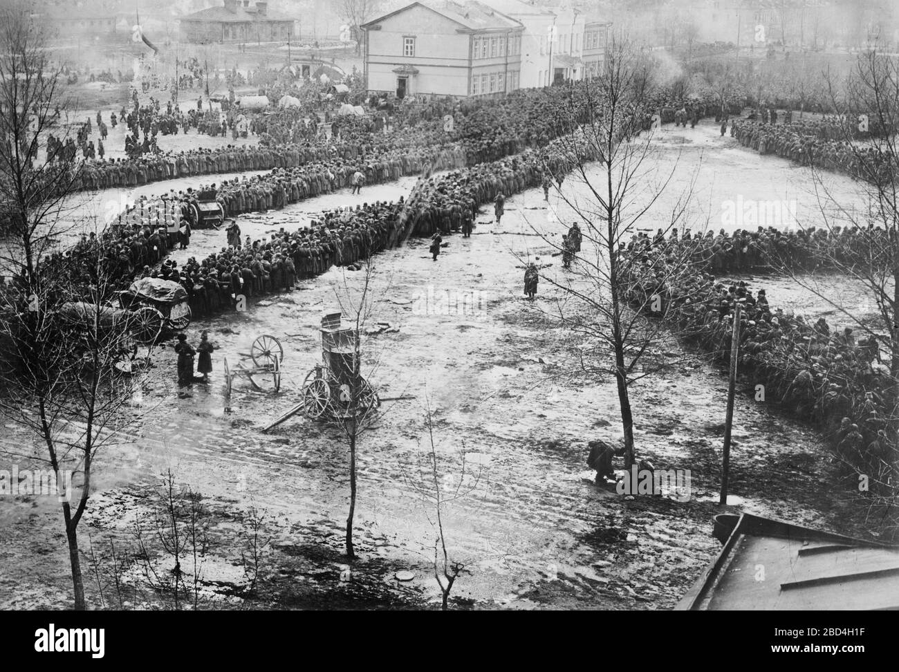 Russian prisoners under German control in Augustów, now northeast Poland during World War I ca. February 1915 Stock Photo
