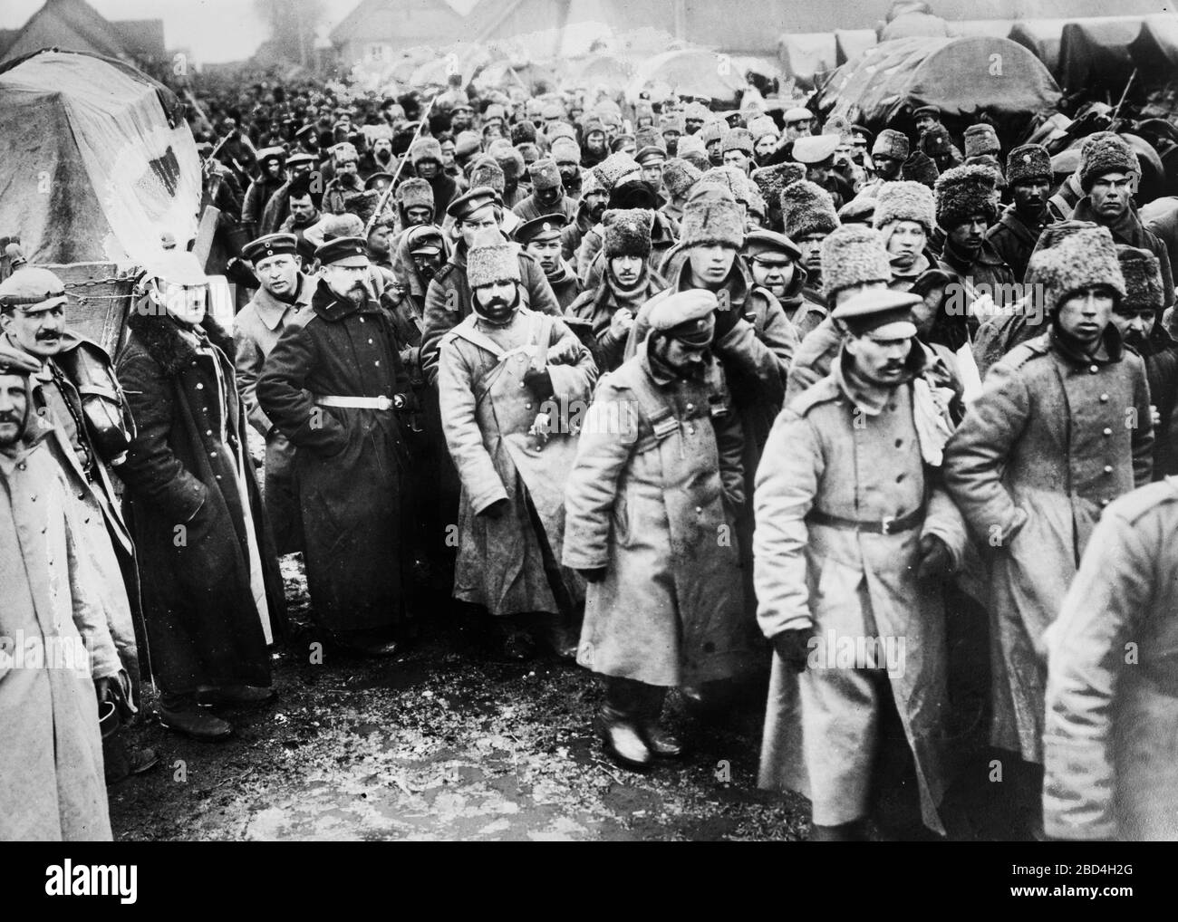 Russian prisoners of war standing outdoors during World War I ca. 1914-1915 Stock Photo