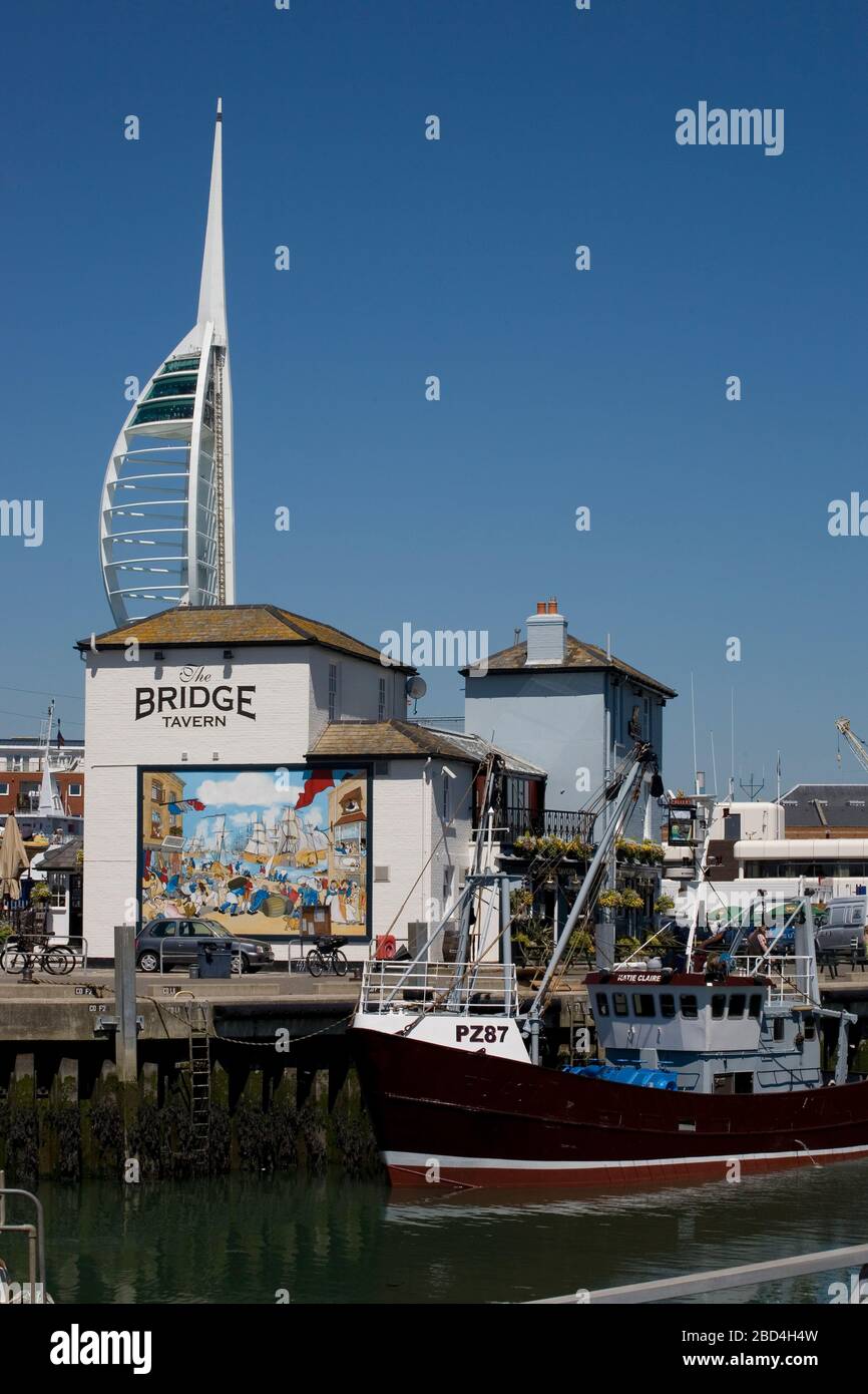 The Spinnaker Tower, the Bridge Tavern with its mural entitled 'Portsmouth Point', and a trawler