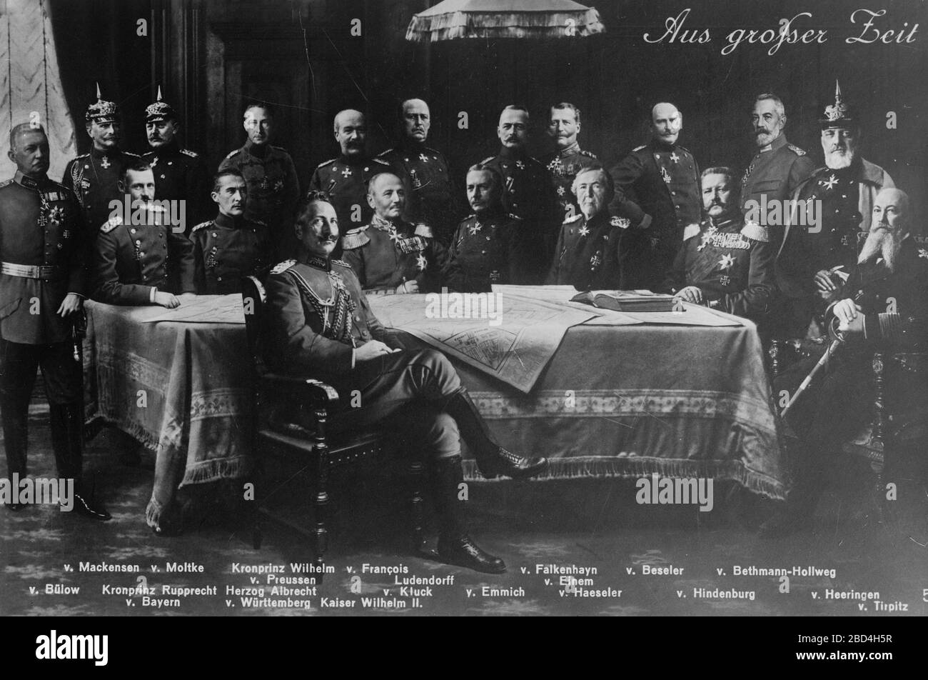 Standing left to right: von Bulow, von Mackensen, von Molike, Crown Prince William of Prussia, von Francois, Ludendorff, von Falkenheyn, von Eimen, von Beseler, von Bethman-Hollweg, von Heeringen. Seated left to right: Crown Prince Rupprecht Stock Photo