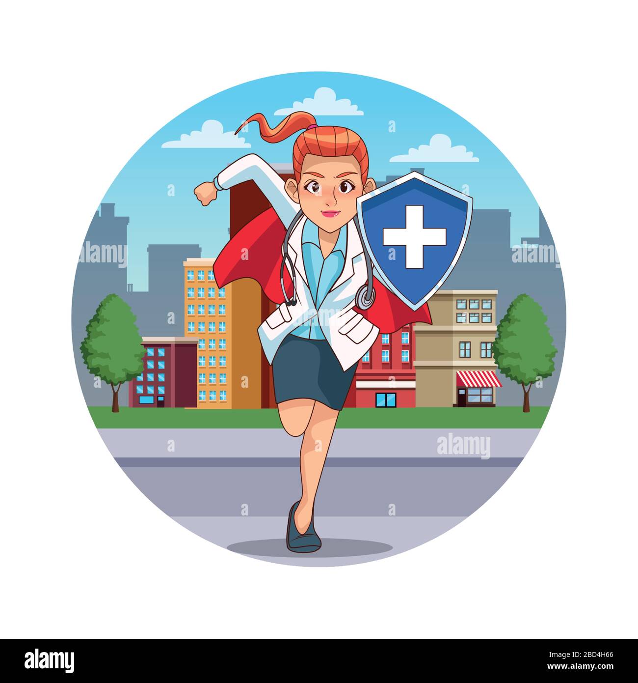 super female doctor with hero cloak and shield on the city Stock Vector ...