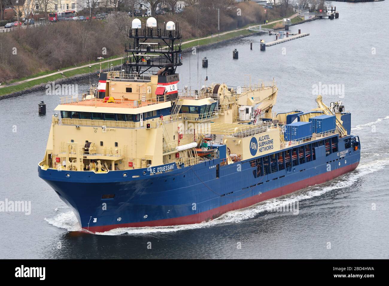 Cable Repair Ship / Cable Layer Ile d'Ouessant passing the Kiel Canal after conversion from Offshore Supply Ship Stock Photo