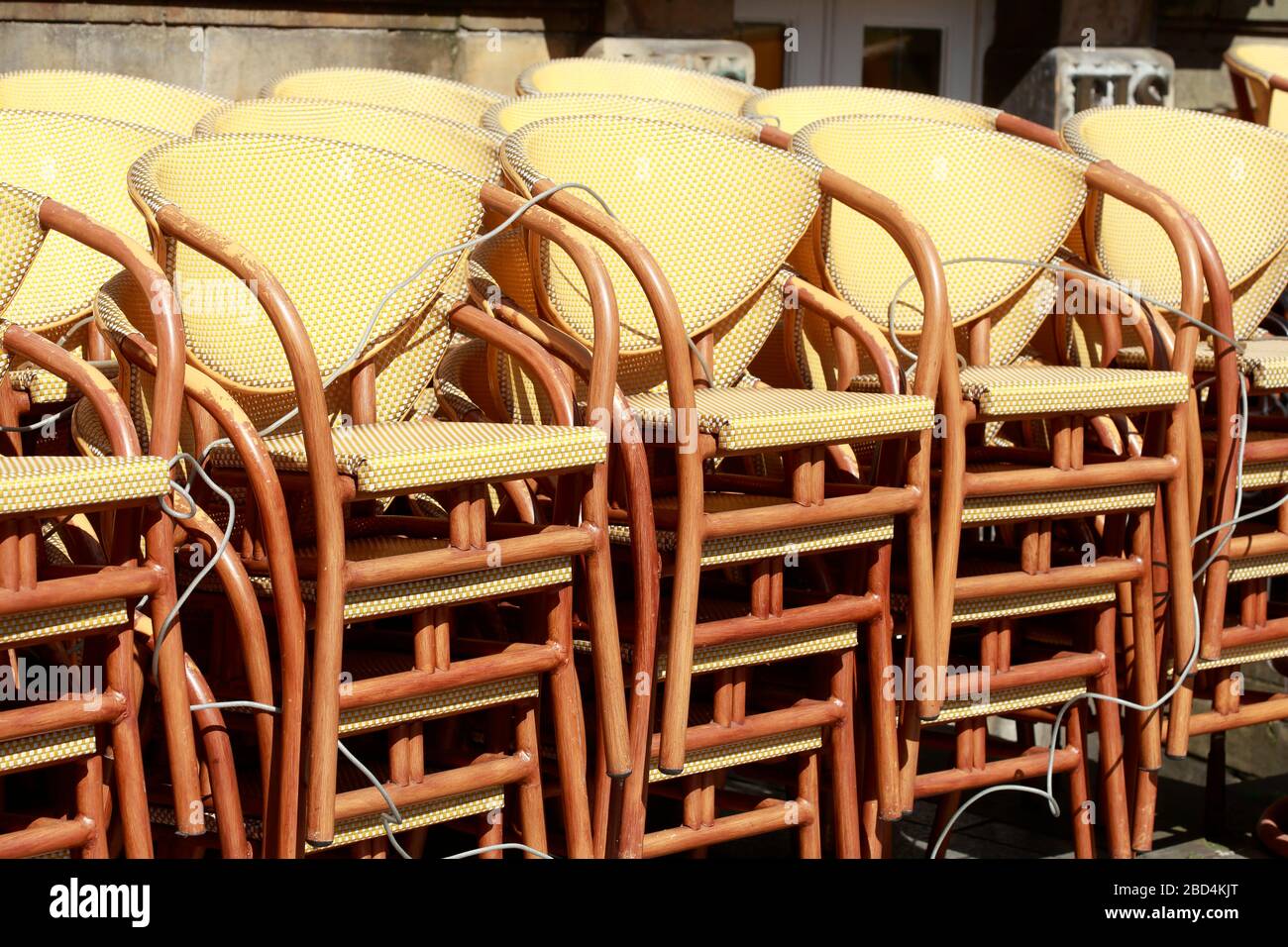 Empty chairs of a cafe on Bremen's market square, closed due to corona virus, Bremen, Germany, Europe Stock Photo