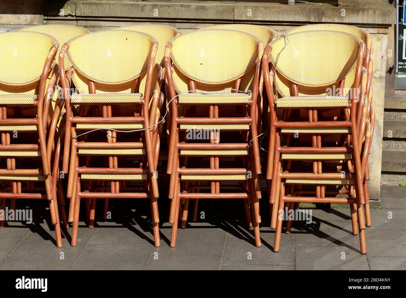Empty chairs of a cafe on Bremen's market square, closed due to corona virus, Bremen, Germany, Europe Stock Photo