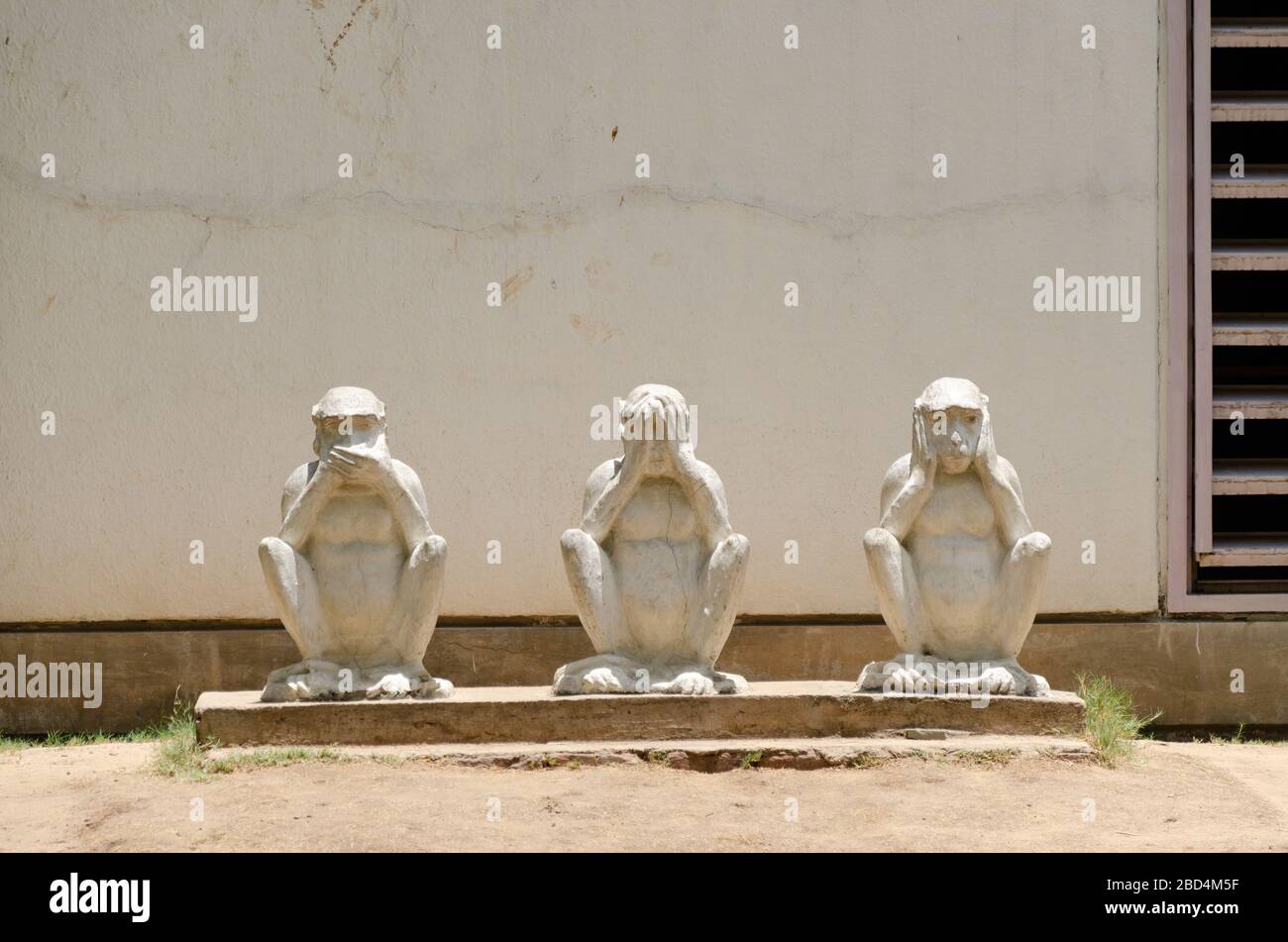 Representation of Mahatma Gandhi's smaller statue of the three monkeys Bapu, Ketan and Bandar, at the Sabarmati Ashram in Ahmedabad, Gujarat, India Stock Photo