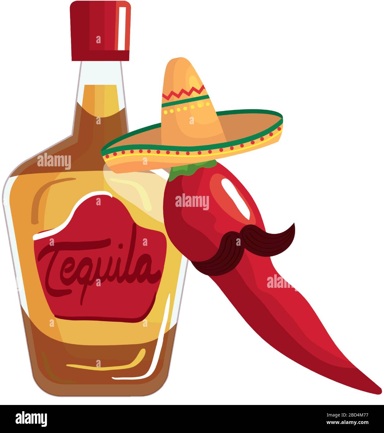 Mexican tequila bottle chilli with hat and mustache vector design Stock ...