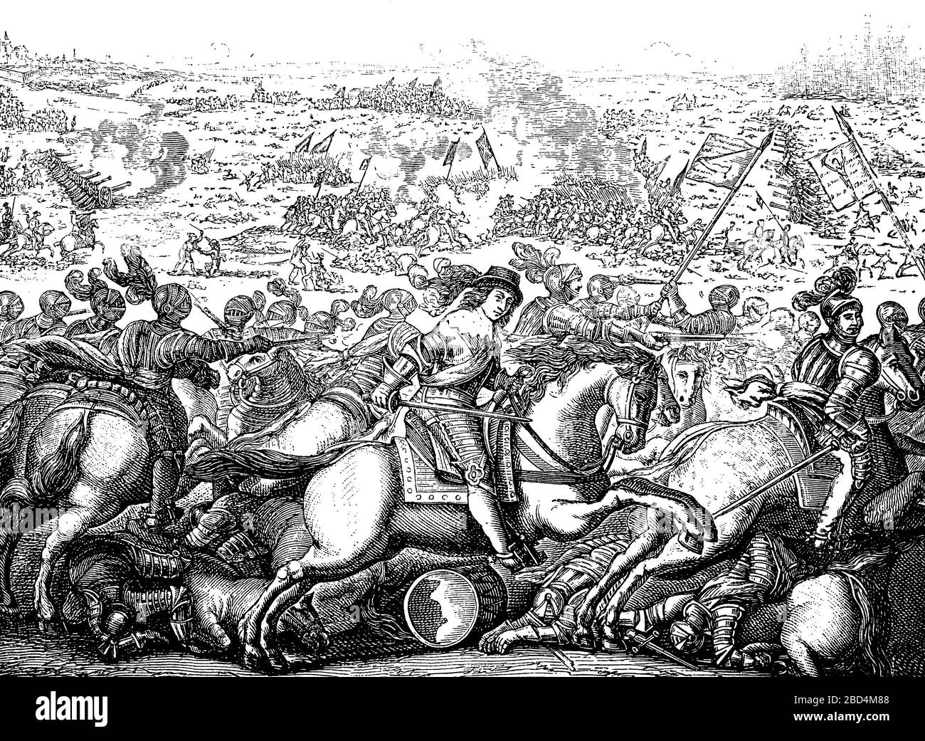 Battle of Rocroi on 19 May 1643 during the French-Spanish War (1635-1659), the French and Spanish armies clash / Schlacht bei Rocroi vom 19. Mai 1643 während des Französisch-Spanischen Krieges (1635-1659), die französischen und spanischen Armeen treffen aufeinander, Historisch, digital improved reproduction of an original from the 19th century / digitale Reproduktion einer Originalvorlage aus dem 19. Jahrhundert Stock Photo