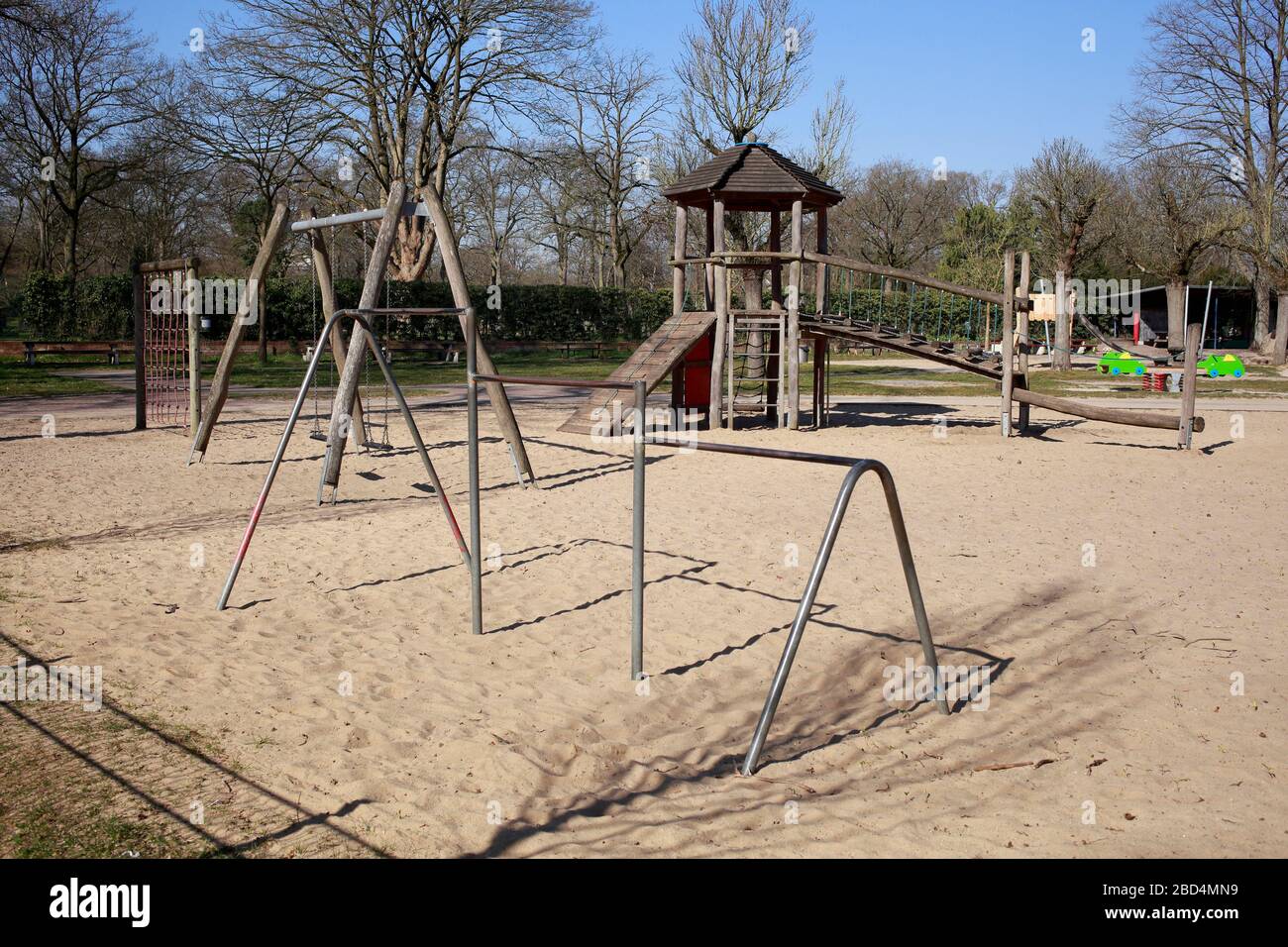 Empty playground, closed due to corona virus, forbidden to enter