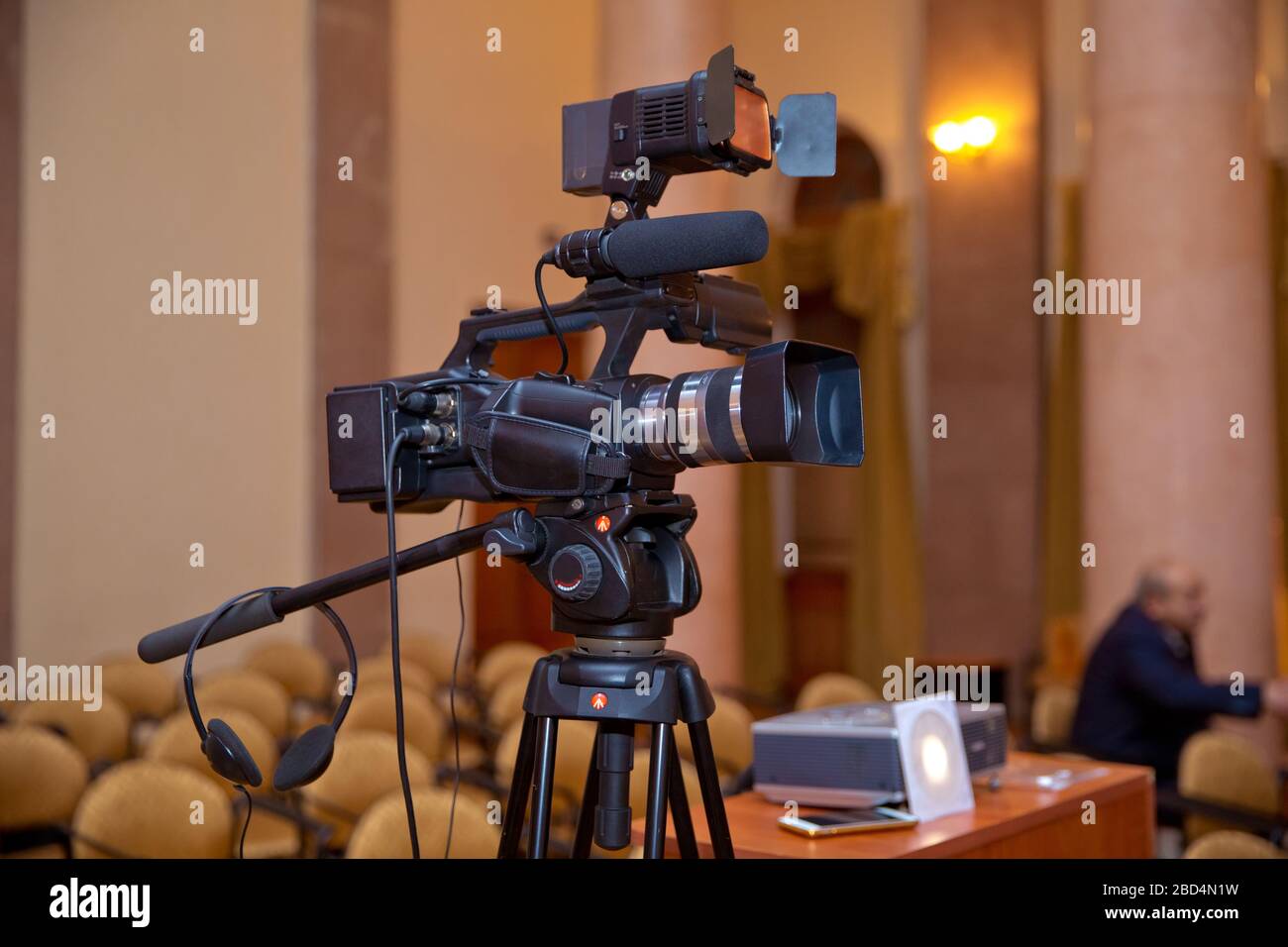 Professional production video camera. video camera set on a tripod with
