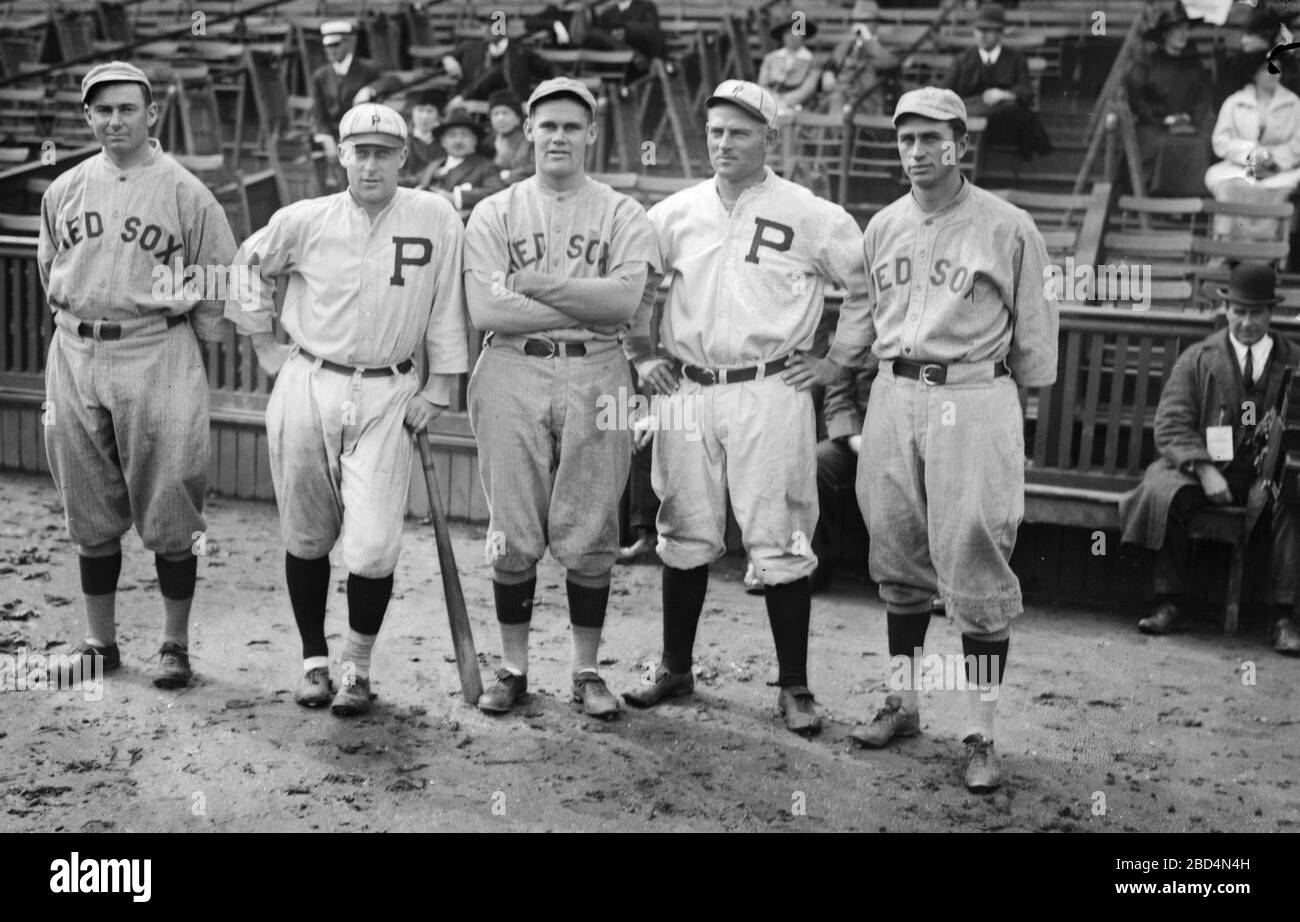 Duffy Lewis, Dutch Leonard, & Harry Hooper of Boston AL; Ed Burns & Gavvy Cravath of Philadelphia NL ca. 1915 Stock Photo