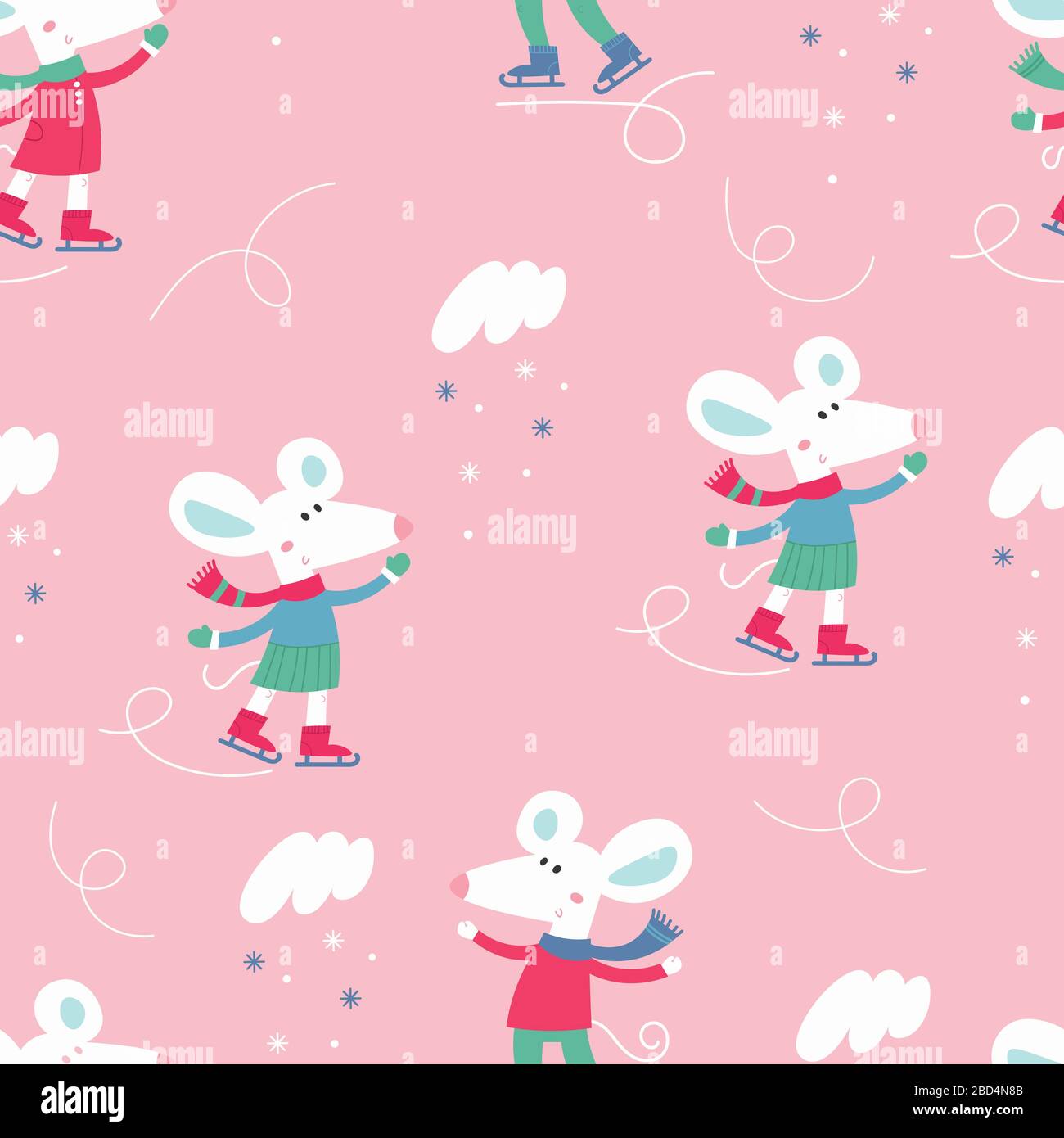 Seamless childish pattern with funny white mice on pink background ...