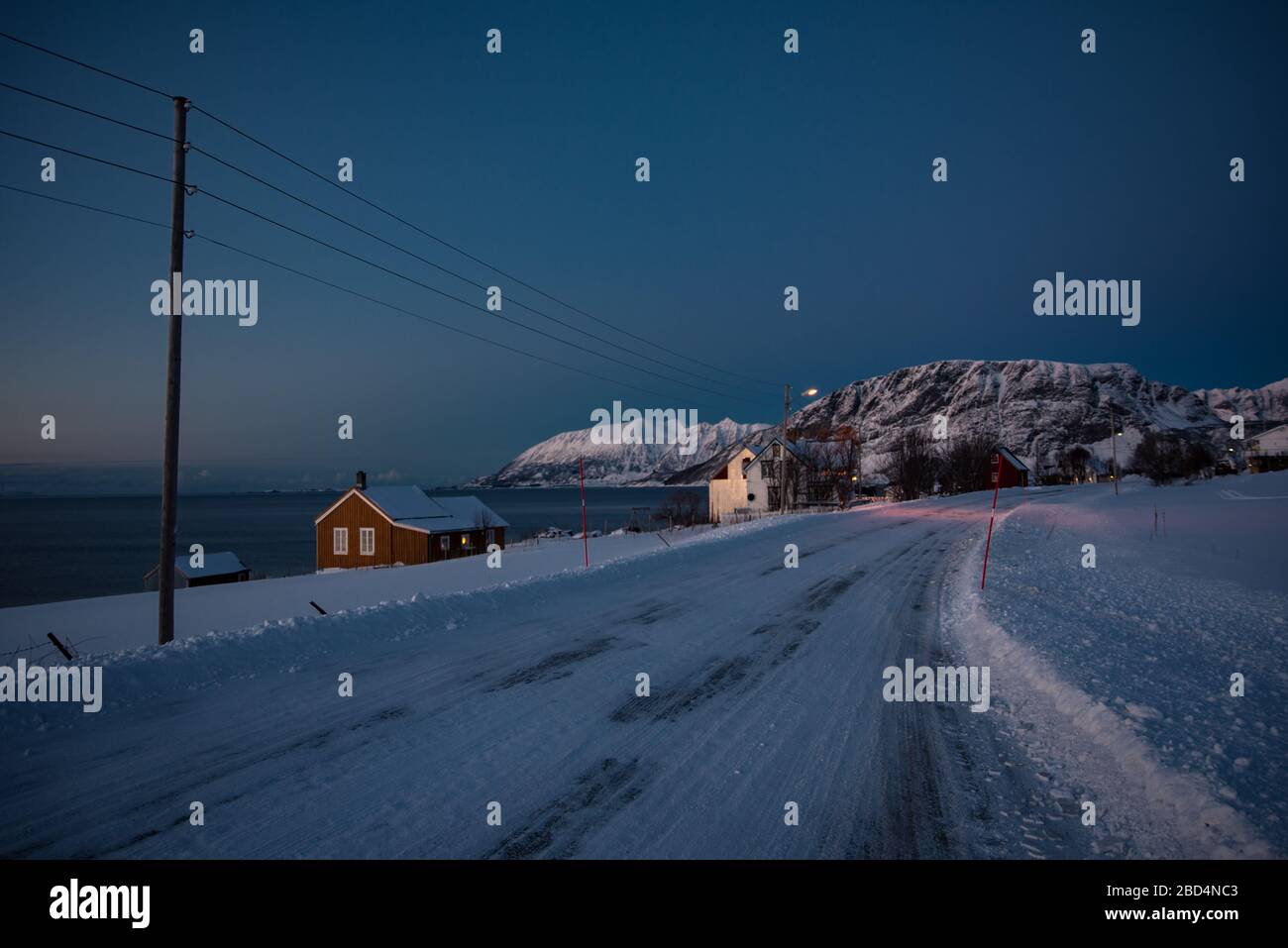 Winter street scenery at dusk in northern Norway Stock Photo