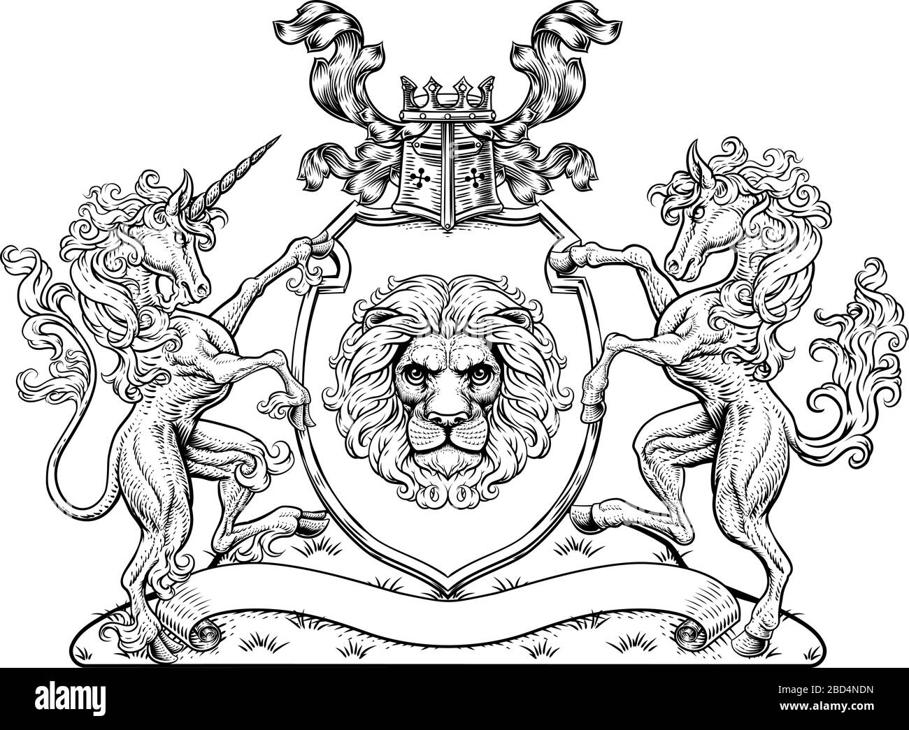 Crest Horse Unicorn Coat of Arms Lion Shield Seal Stock Vector