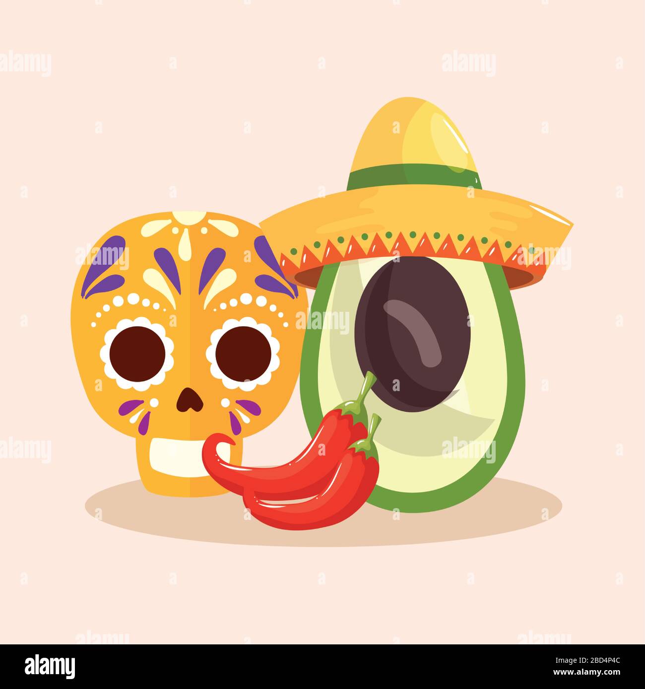 Mexican skull chillis and avocado with hat vector design Stock Vector ...
