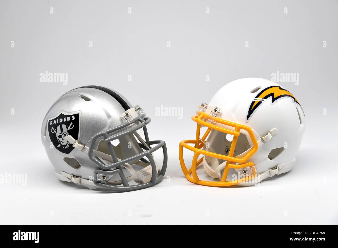 Detailed view of Las Vegas Raiders (left) and Los Angeles Chargers helmets.  Photo via Credit: Newscom/Alamy Live News Stock Photo - Alamy