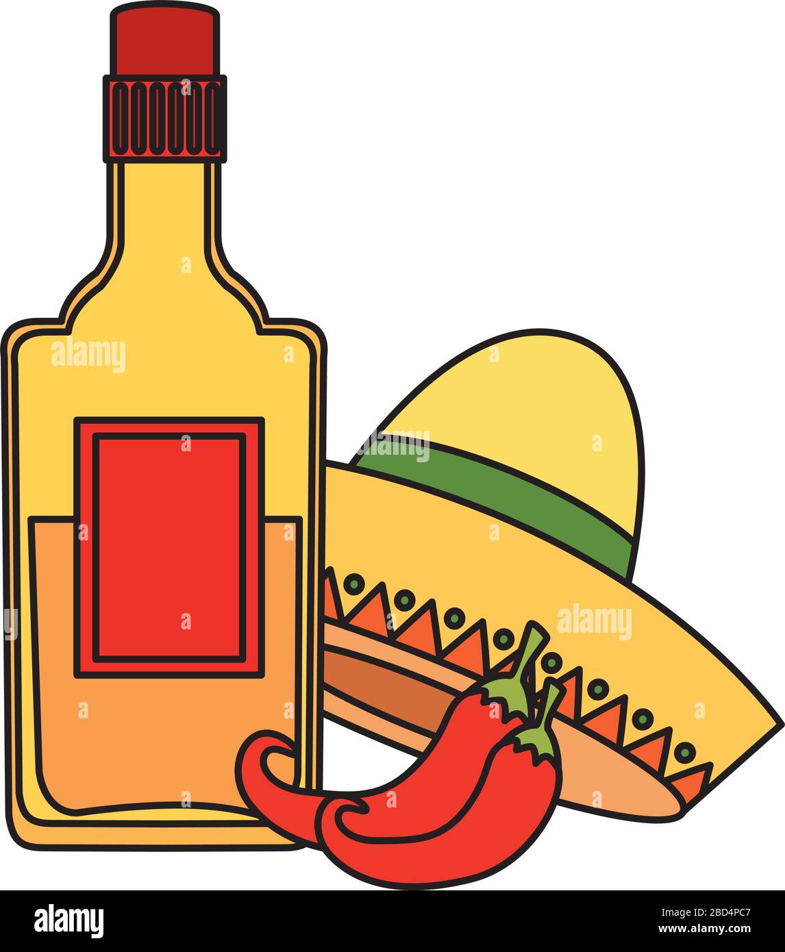 Isolated mexican tequila bottle hat and chillis vector design Stock ...