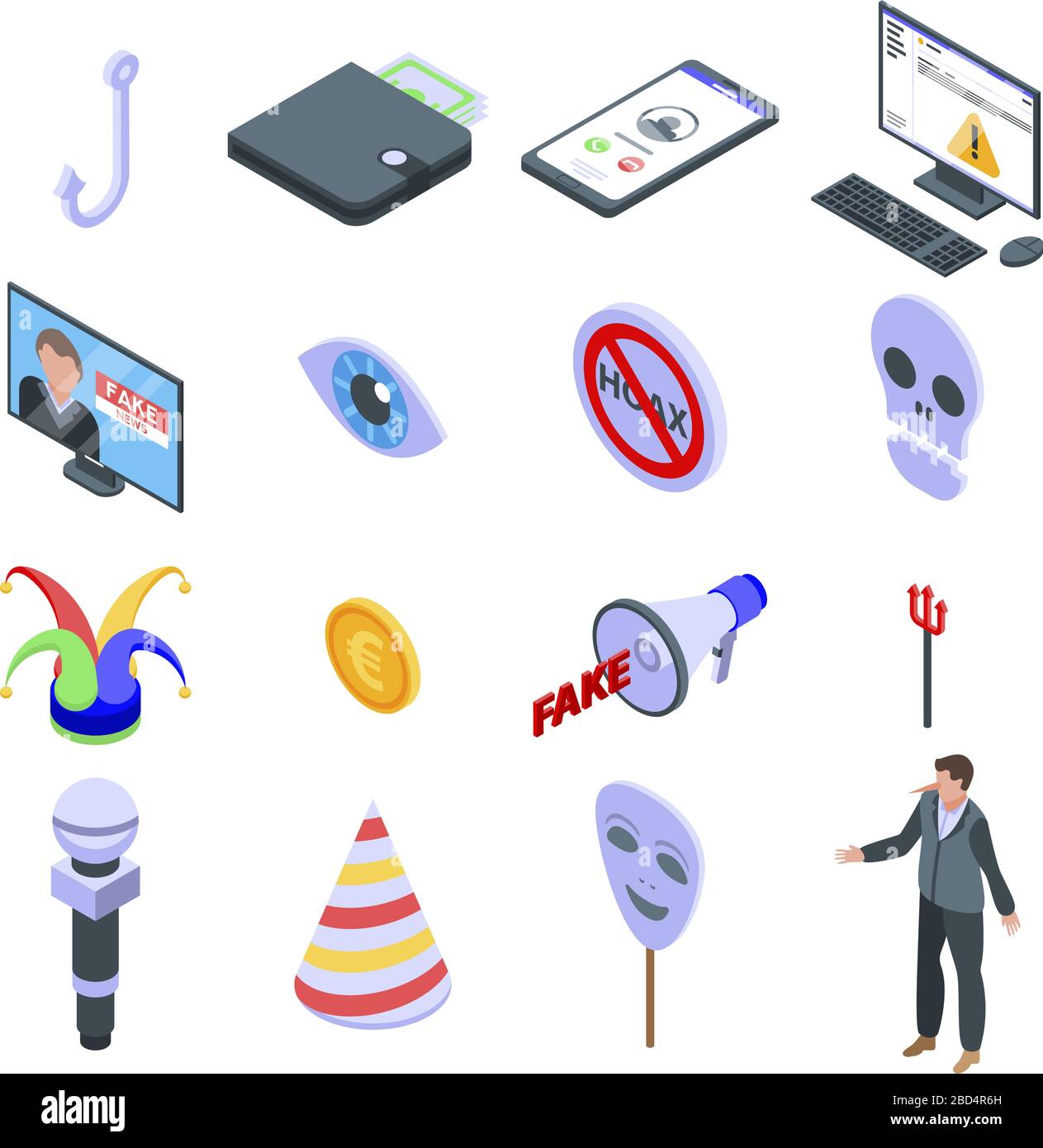 Hoax icons set, isometric style Stock Vector
