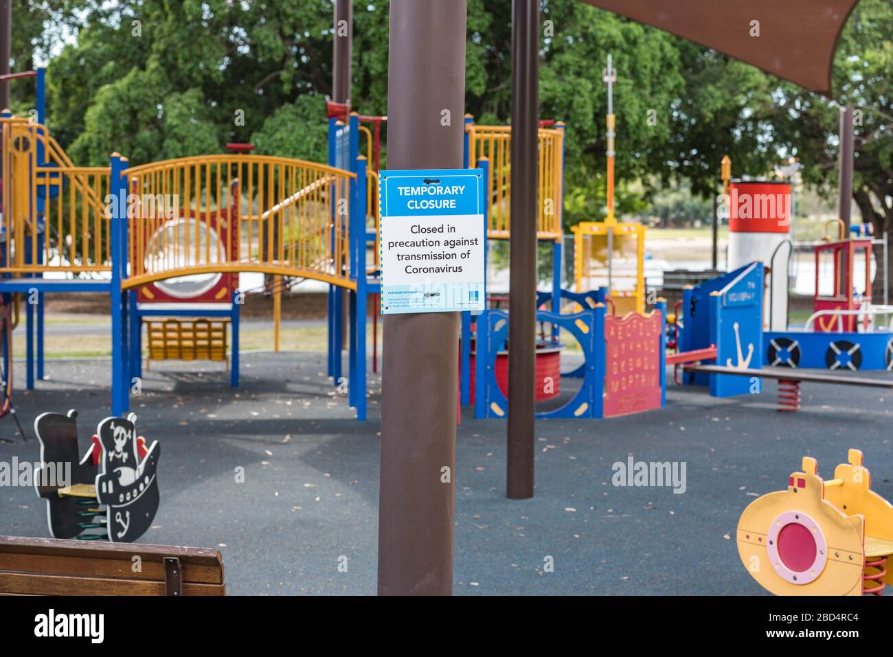 Children's playground is pictured closed during the coronavirus crisis.Australians states including Queensland take strict new lockdown rules to stop the spread of Covid-19. Stock Photo