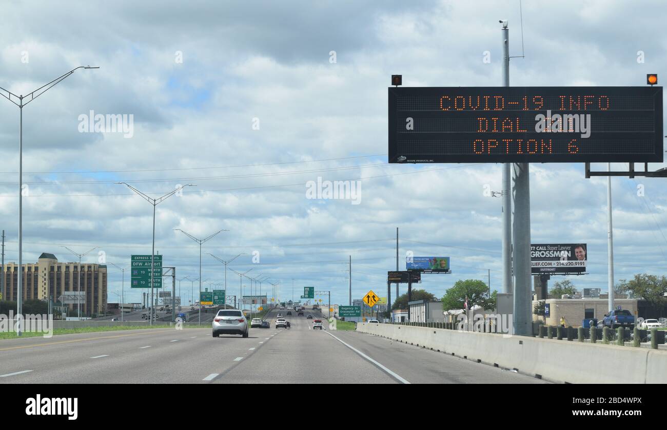 Interstate 35E traveling away from downtown Dallas has moderate traffic in the middle of a weekday despite the 'stay at home' order imposed by Dallas County and the city of Dallas. Stock Photo