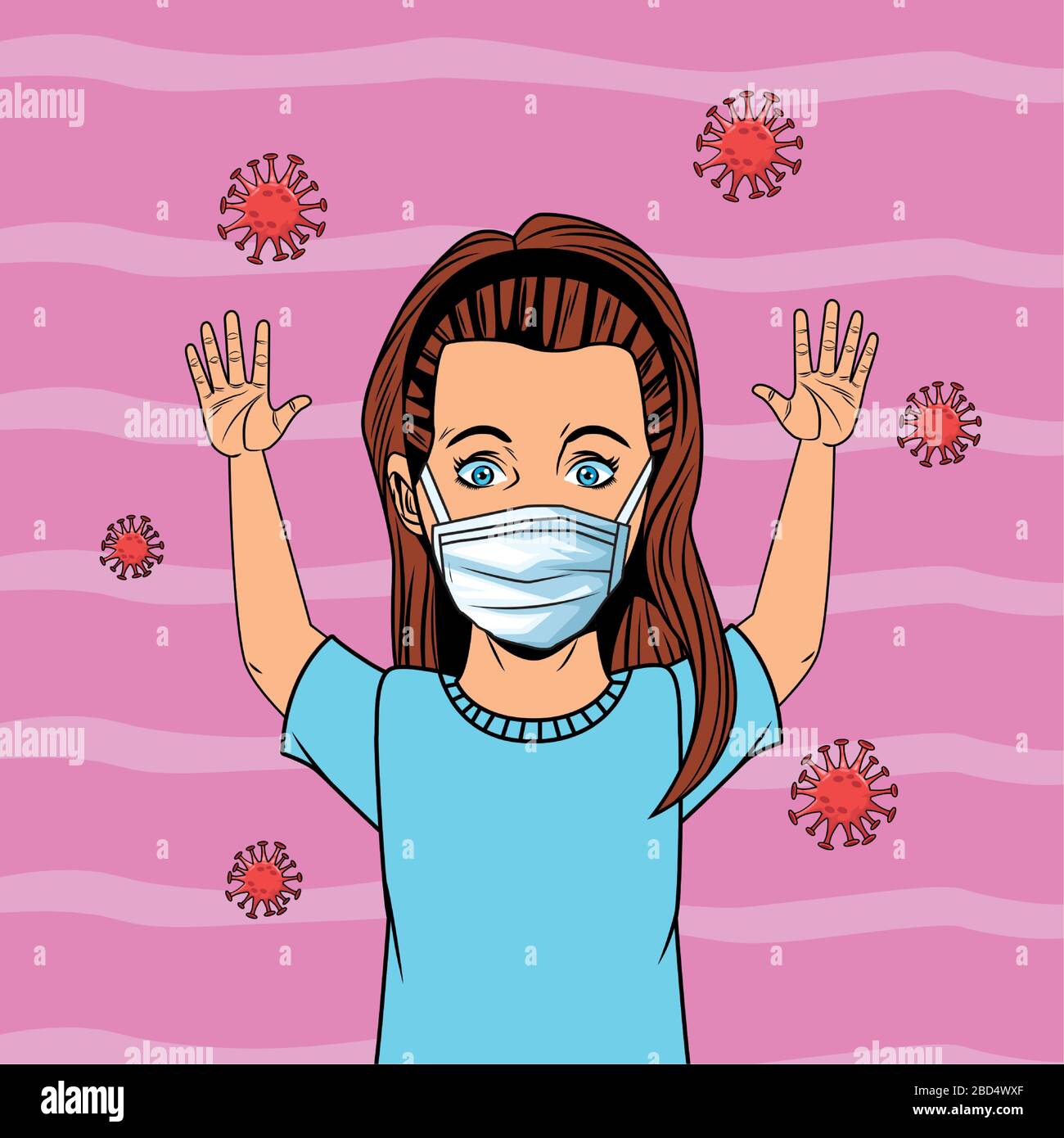little girl using face mask for covid19 pop art style Stock Vector