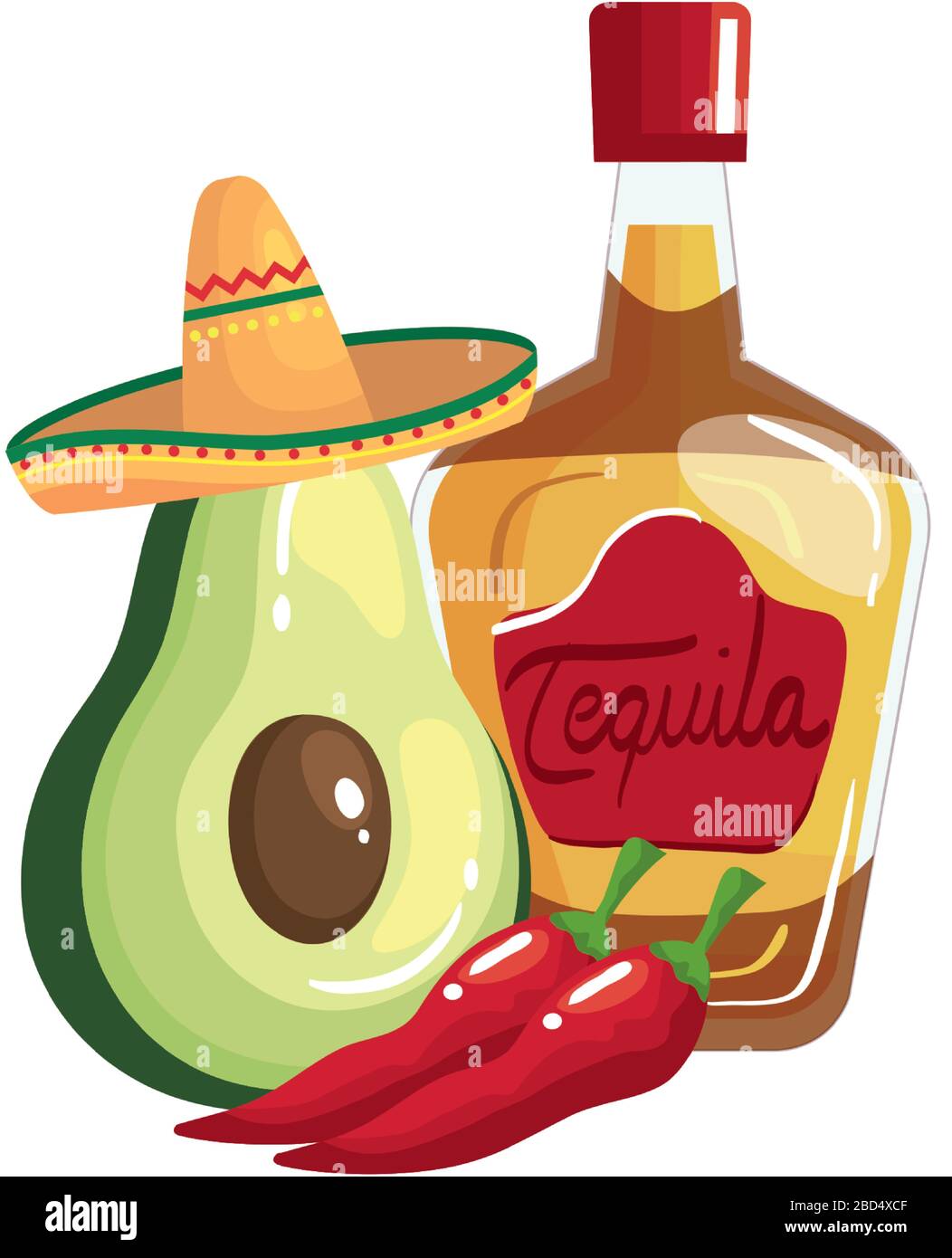 Isolated mexican tequila bottle chillis and avocado vector design Stock ...
