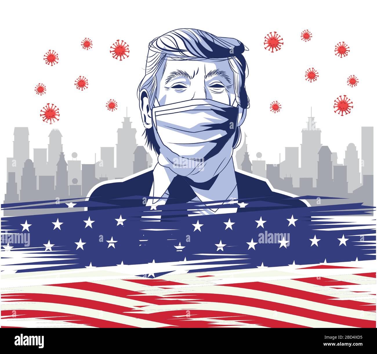 trump wearing face mask by covid 19 with usa flag and particles Stock ...