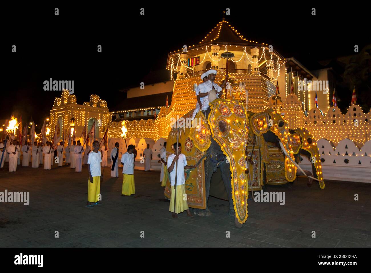 Ceremonial elephants parade past the Temple of the Sacred Tooth Relic at Kandy in Sri Lanka during the Buddhist Esala Perahera (great procession). Stock Photo
