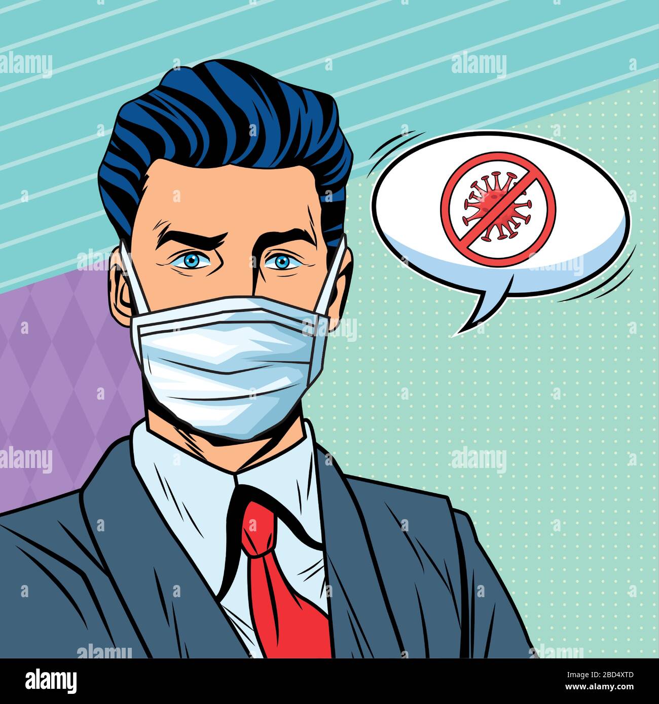 businessman using face mask and stop covid19 message pop art style ...