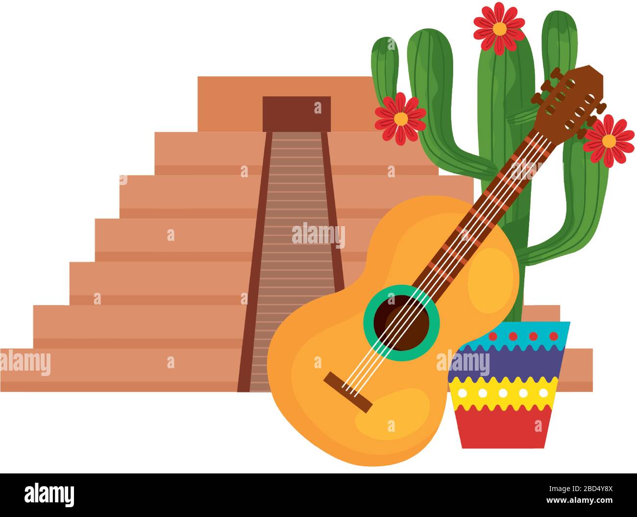 Isolated mexican pyramid cactus and guitar vector design Stock Vector ...