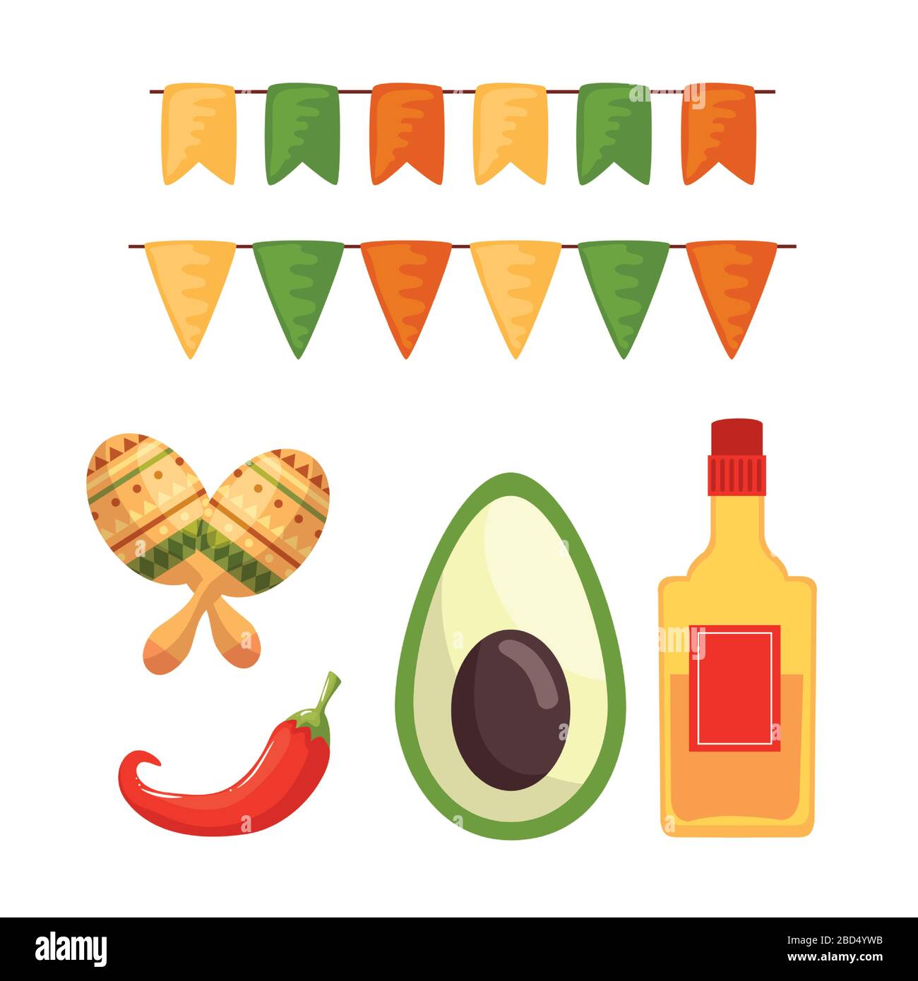 Mexican tequila bottle avocado chilli and maracas vector design Stock ...