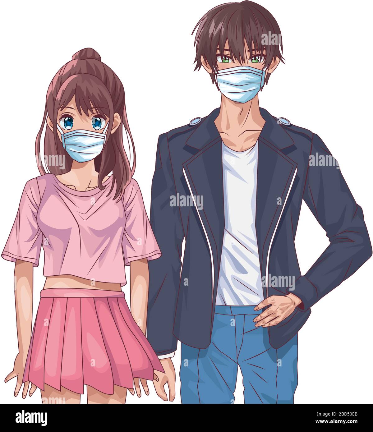 young couple using face masks anime characters Stock Vector Image & Art -  Alamy