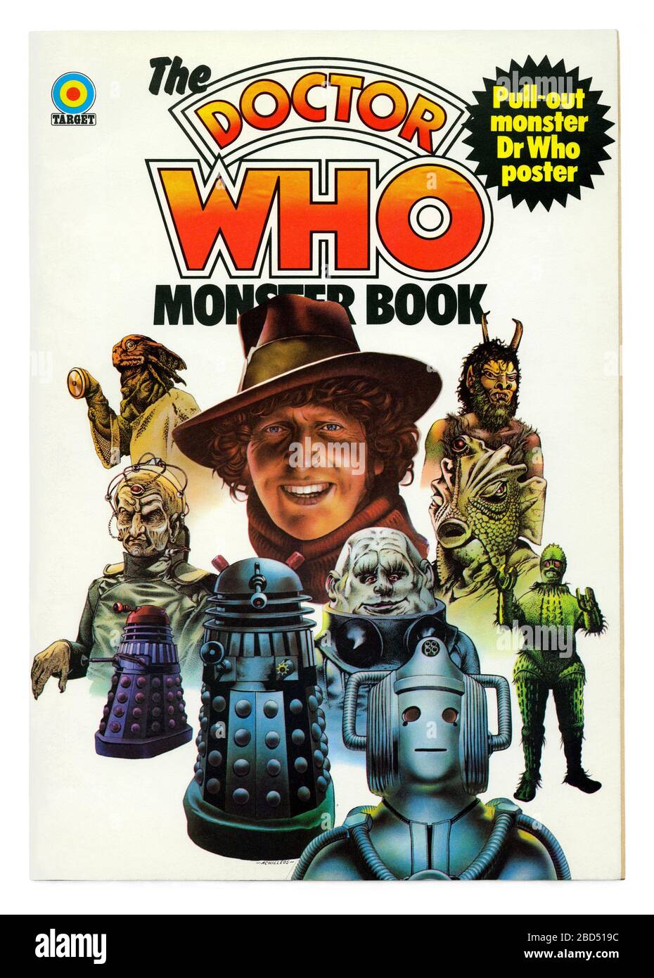 The 1975 cover of the first 'The Doctor Who Monster Book'. Doctor Who is a British science fiction BBC TV series first aired in 1963 and follows the adventures of a Time Lord, 'The Doctor'. Time-travelling the universe in the Tardis spaceship, he fights many enemies and monsters. The fourth Doctor, played by Tom Baker, is shown centre on the cover. The Doctor's adversaries include the Daleks (bottom-left). Mutated by the scientist Davros (centre-left), Daleks use their famous catchphrase, 'exterminate', to destroy all non-Dalek beings. Cybermen (bottom) were cold and calculating cyborgs. Stock Photo