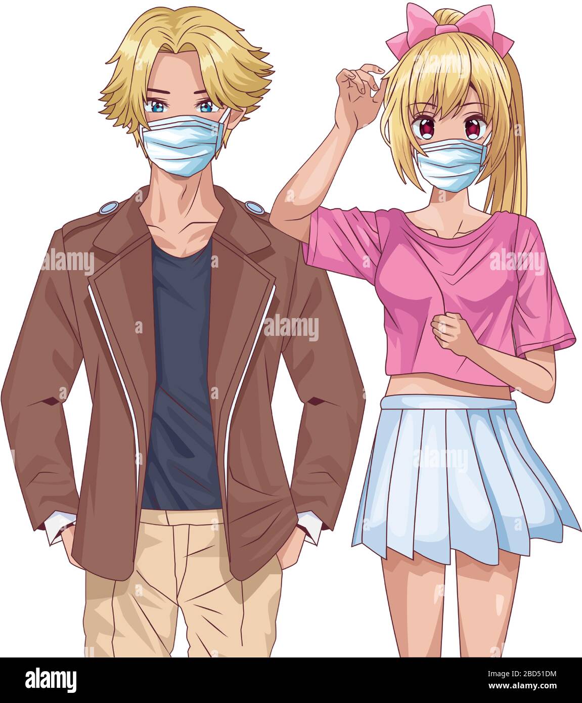 young couple using face masks anime characters Stock Vector Image & Art -  Alamy