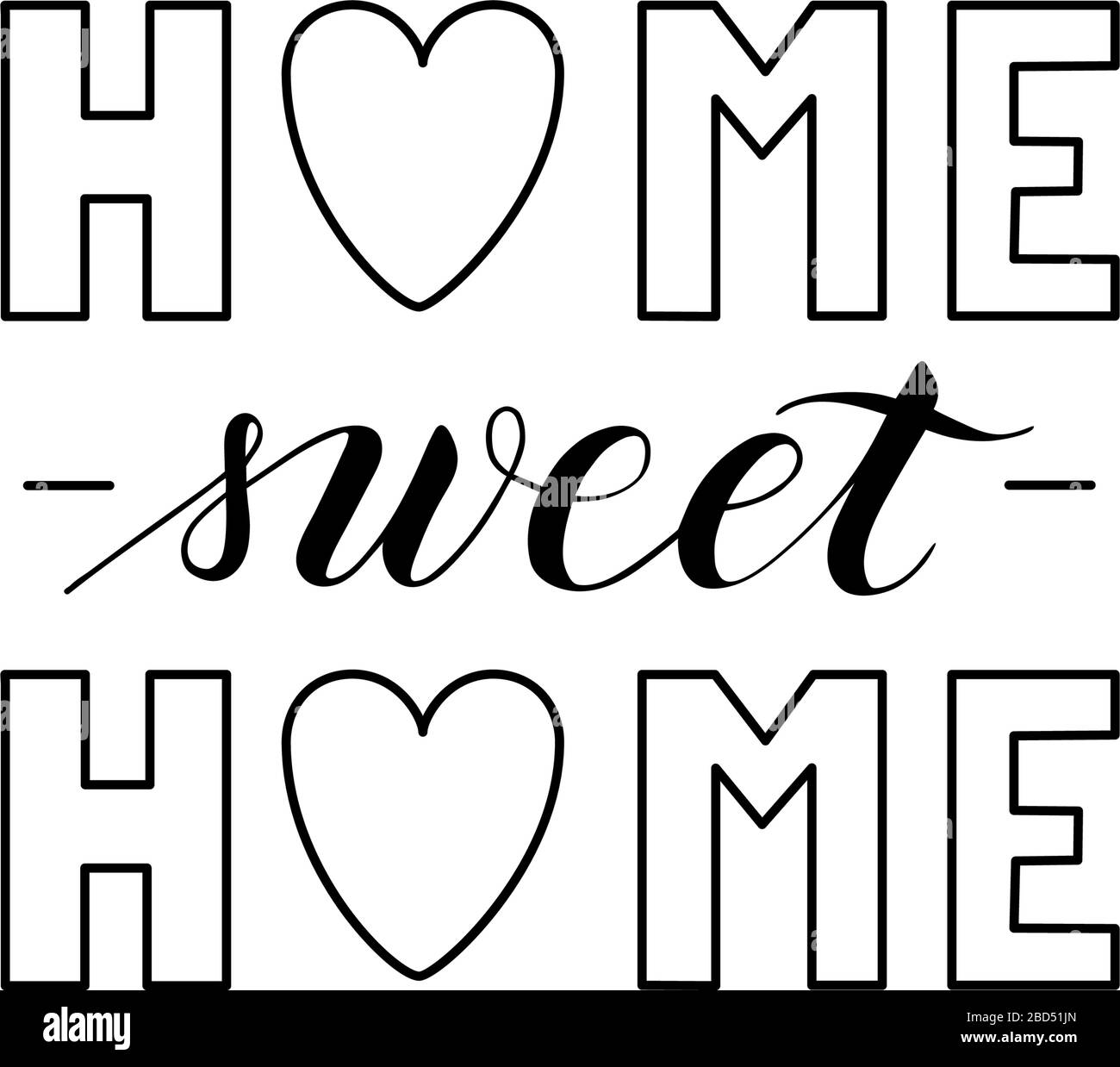 Vector hand written home sweet home text isolated on white background. Script brushpen lettering. Cozy handwriting for interior poster Stock Vector
