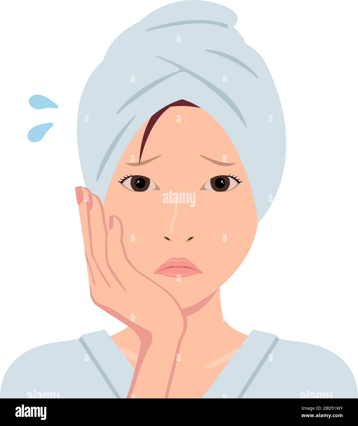 Young asian woman face vector illustration (just out of the bath) / troubled , annoying Stock Vector