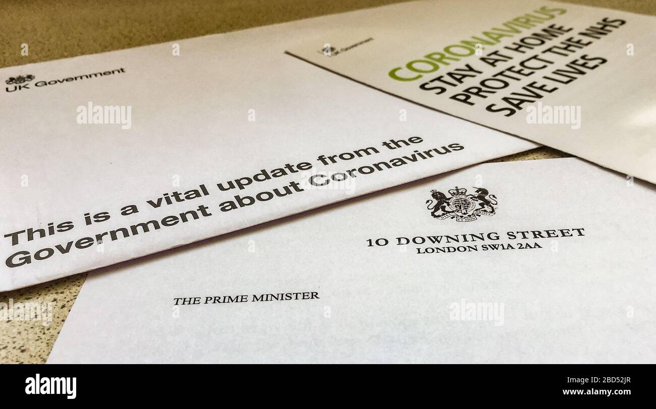 LEOMINSTER, UNITED KINGDOM - April 07 2020: Households in the United Kingdom have been receiving this letter addressed from the Prime Minister Boris Johnson containing official health advice from the government. This letter seen in a household in Leominster, Herefordshire on April 07, 2020 Credit: Jim Wood/Alamy Live News Stock Photo