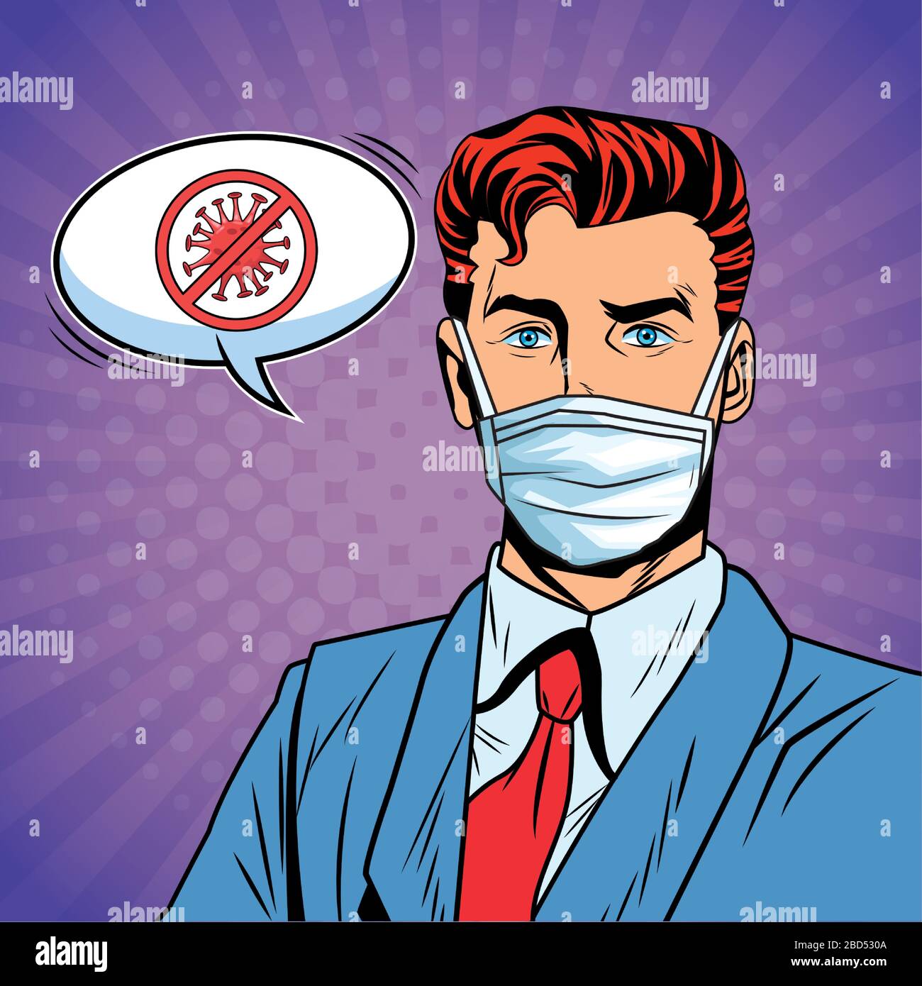 businessman using face mask and stop covid19 message pop art style ...