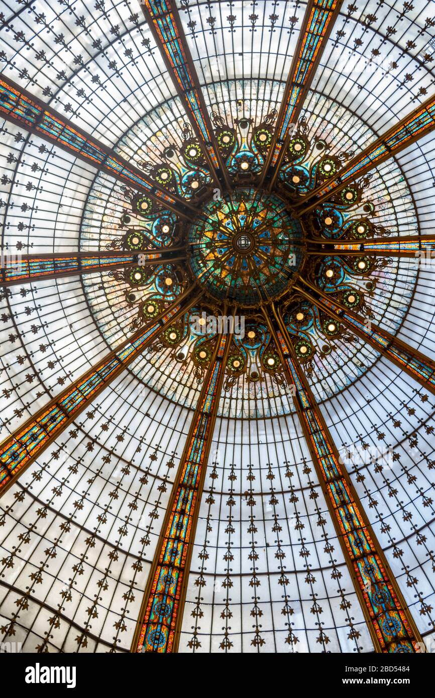 Galerie Lafayette Paris, stained glass roof detail from below Stock Photo