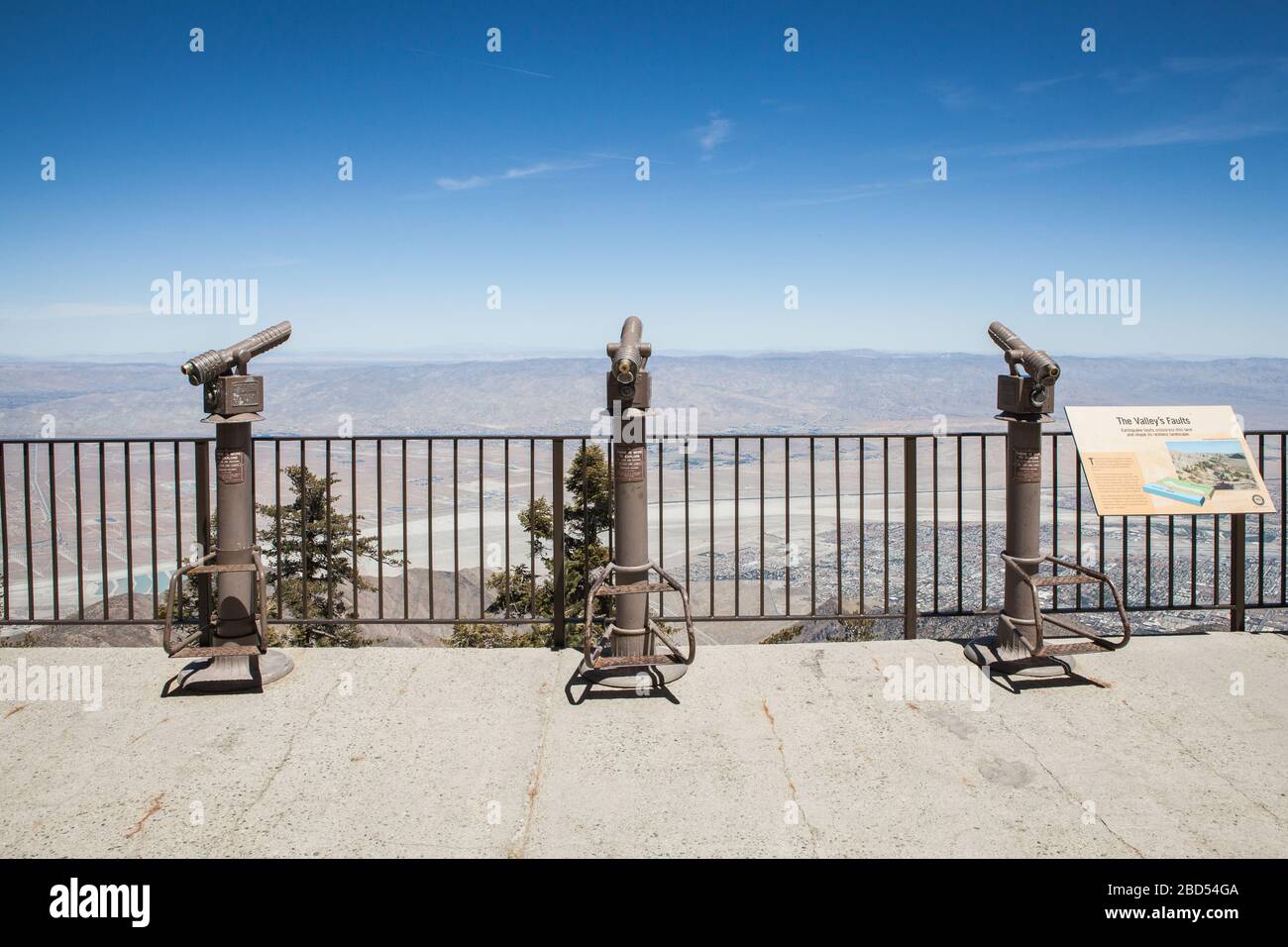 View over Palm Springs and Coachella Valley from Mount San Jacinto State Park by the Palm Springs Aerial Tram in California Stock Photo