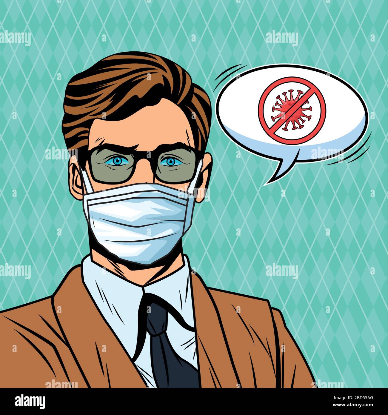 businessman using face mask and stop covid19 message pop art style ...