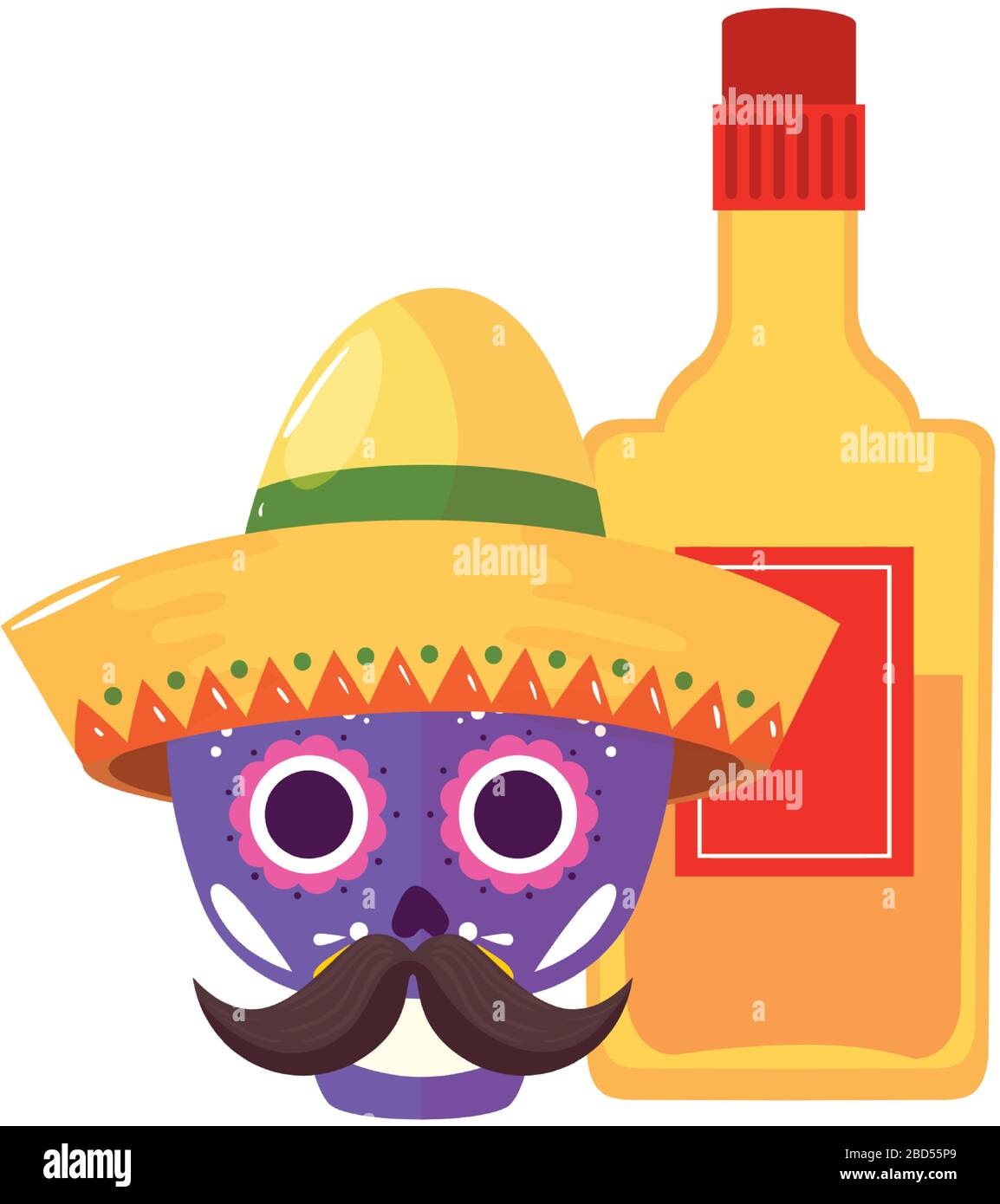 Isolated mexican skull with hat and tequila bottle vector design Stock