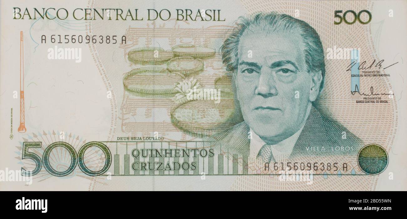 The obverse of 1988 Brazilian banknote, 500 Quinhentos Cruzados Stock Photo